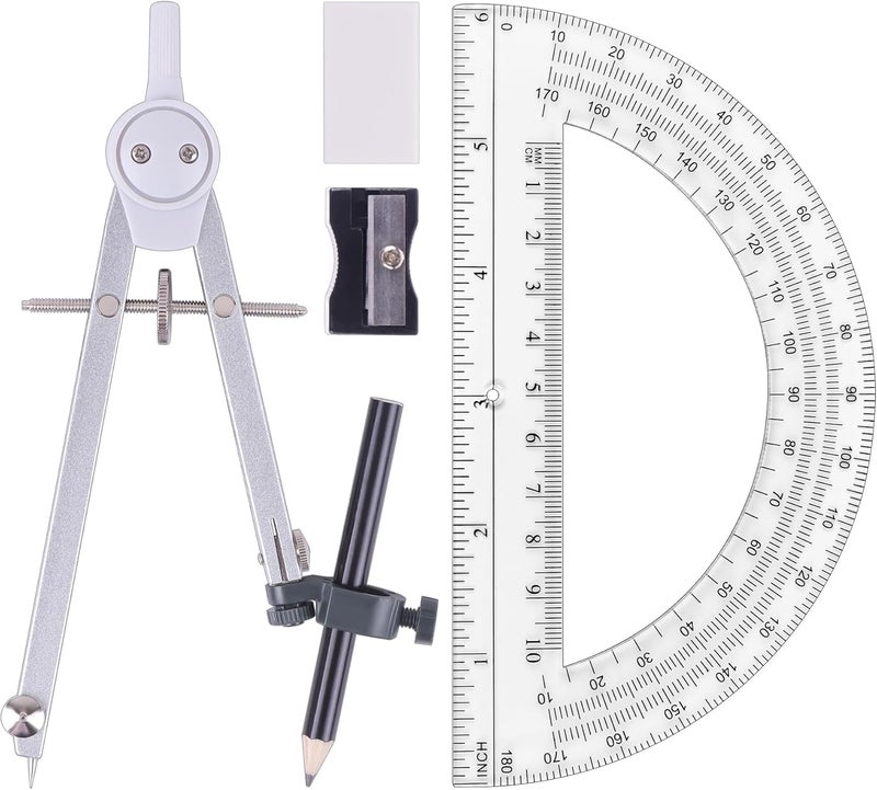 Unjoo Professional Compass for Geometry Set, Metal Compass with Wheel and Lock for Geometry, Drawing Compass Tool, Circle Drafting Tool, and 6 Inch Math Protractors 180 Degree (Silver) - Image 1
